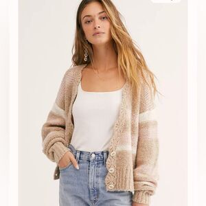 Free People Alpaca Wool Blend tan Striped Oversized Cropped Cardi size XS
